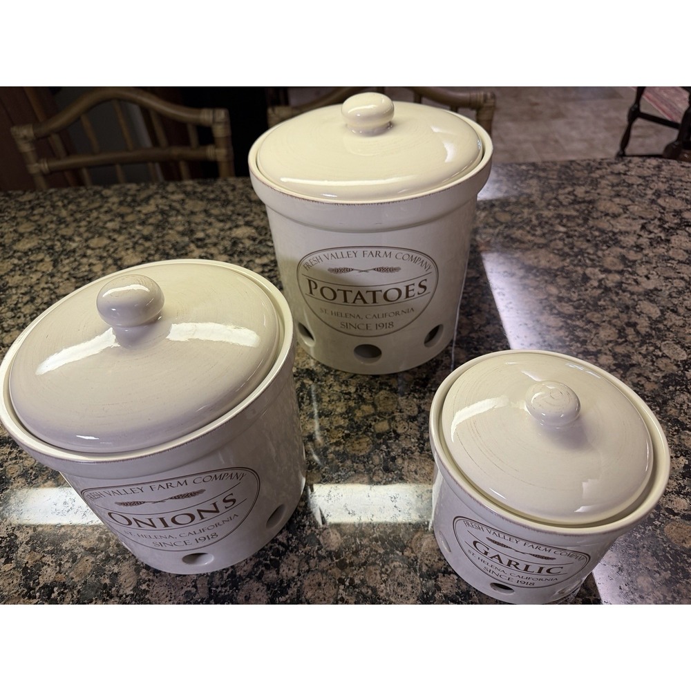3 Vtg Chefs Fresh Valley Farm Company Stoneware Canisters Garlic Potatoes Onion